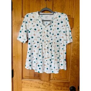 Lands End Floral Button Front Pleated Top Blouse Short Sleeve size Medium